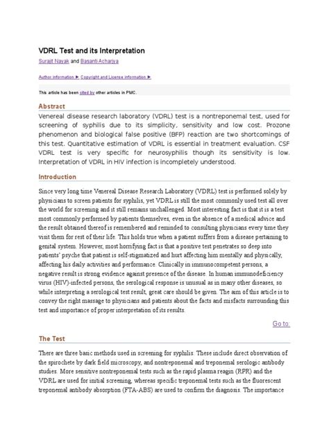 VDRL Test and its Interpretation .